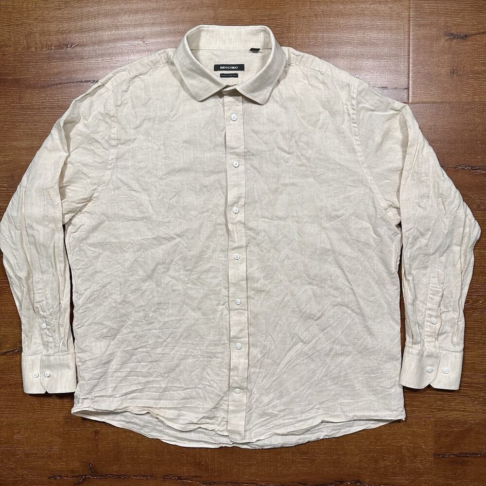 Indochino Button Up Shirt Mens 2XL Beige Long Sleeve Linen Blend Luxury Resort